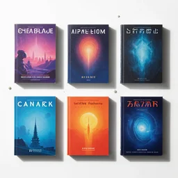 flatlay scifi book collection, vivid colors, dramatic lighting, minimalist and clean, scattered pearls