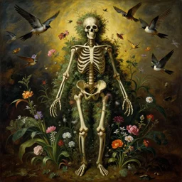 'Life from death' A beautiful detailed aesthetic horror full body portrait painting depicting 'A complete skeleton with plants and flowers growing all over it, birds and insects flying all around it' by giuseppe arcimboldo and Rembrandt, Trending on cgsociety artstation, 8k, masterpiece, cinematic lighting, vibrant colors.