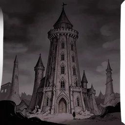 the tower of babel, dark cartoon scene by charles addams