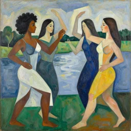black women white women multiracial women dancing by the river, abstract art in the style of cubism and georgia o keefe