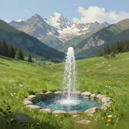 natural mountain spring, carst spring, high mountains, green meadow, alps, digital painting, classical painting, hudson river school, realistic lighting, idyll