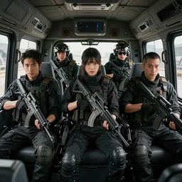 movie diverse interracial team of Japanese sci-fi futuristic robbers armed with rifles interior clean futuristic tactical van, beautiful skin, Symmetrical faces. natural lighting by Emmanuel Lubezki