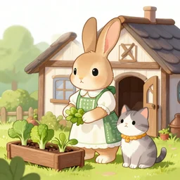 anthropomorphic rabbit and cat dressed in cottagecore living in a cottage, the rabbit has a vegetable garden and the cat is fixing the roof, comic book art style, pictures in sequence, storyboarding, speech bubbles, colorized