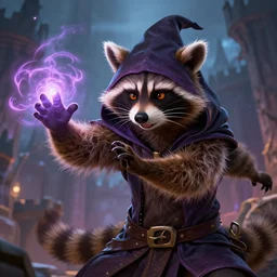 closeup, highly detailed digital illustration portrait of hooded sorcerer sly cooper raccoon casting a magical glowing spell in a castle, action pose, d & d, magic the gathering, by rhads, lois van baarle, jean - baptiste monge, disney, pixar,