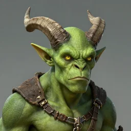a green - skinned yellow - eyed orc with several horns etched with geometric maze paint, fantasy, trending on artstation