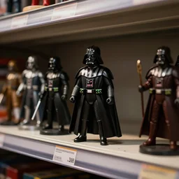 Macro photography, miniature figure of Darth Vader on a toy store shelf