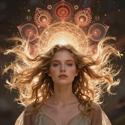 ridiculously beautiful young woman tripping with blonde hair, coral fractals radiating from head with sacred geometry, natural, awakening, symmetrical, in the style of ernst haeckel, effervescent, warm, photo realistic, epic and cinematic,