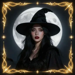 glowing golden elements at frame borders, portrait, A beautiful dark witch in front of the full big moon, book cover, red roses, red white black colors, establishing shot, extremly high detail, foto realistic, cinematic lighting, pen and ink, intricate line drawings, by Yoshitaka Amano, Ruan Jia, Kentaro Miura, Artgerm, post processed, concept art, artstation, matte painting, style by eddie, raphael lacoste, alex ross