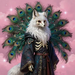 photorealistic painting of a skeletal fox character, long fluffy white fur and ears, mage clothes inspired by a melanistic peacock, 9 brilliant peacock tails that shimmer like crow feathers and oil, painted by a master artist, sparkles, pink cloud background, vhs effects, dnd beyond, fae, neon, photo realistic, renaissance, trending on art station