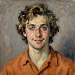 A portrait en buste of a man in his twenties, soft round features, oval face, warm skin tone, blue grey eyes, medium length wavy dark blond hair, kind smile, bags under eyes, slight stubble, wearing a textured ochre cotton shirt, fauvisme, art du XIXe siècle,  figurative oil on canvas by André Derain, Albert Marquet, Auguste Herbin, Louis Valtat, Musée d'Orsay catalogue