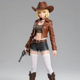 a blond-haired female, cow-girl, short blond hair, wearing a brown leather jacket, ten-gallon hat and white stockings, high boots, revolver pistol, anime character; full body art, in the Japanese fantasy videogame; character reference sheet; trending on artstation, highly detailed, clean lineart, vector line art, clean, by Ilya kuvshinnikov, black background