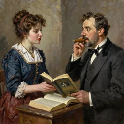 a beautiful 8 k photorealistic masterpiece oil painting, a woman selling her book to a rich man with a cigar in his mouth, hyperrealism, 1 6 k, trending on artstation
