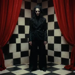 extremely detailed movie shot portrait of a dark bizarre figure standing in the corner of a checkerboard checkerboard room by denis villenueve, yves tanguy, lovecraft, roger dean, amano, david lynch, closeup dynamic composition, rich moody colours, red drapes