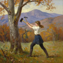landscape portrait of a girl swinging an axe, swinging a robin wood carving axe at a hickory tree, autumn mountains, romantic, original oil on canvas painting by william sydney mount, trending on artstation