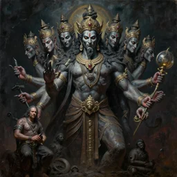 a cinematic masterpiece dark gothic portrait of exotic mystical gothic colossal asura king ravan with ten heads from ramayan, by tim hildebrandt, by wayne barlowe, by bruce pennington, by zdzisław beksinski, oil on canvas, masterpiece, trending on artstation, featured on pixiv, cinematic composition, beautiful lighting, sharp, hyper - detailed, no frames, hd, 8 k