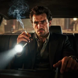 portrait of man dressed as raoul duke shot from fear and loathing in las vegas smoking cigarette in car, flashlight on camera, unreal engine 5, high quality, huge atmosphere, noise grain, global illumination, wide lens, photo still