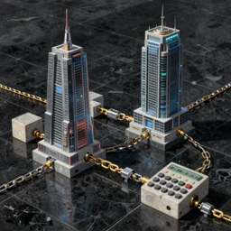 A beautiful hyper realistic detailed painting of a chain of blocks, a cybernetic hybrid of 2 gigantic tall skyscaper sized quantum computers and a block calculator machine on a vast black granite tarmac, connected by gold and silver wire cables and chains, by Beksinski, beeple, unreal engine
