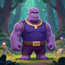 a cartoonish cute anthropomorphic Thanos is in a mystical forest full of wonders, pine trees, magical atmosphere, trending on artstation, 30mm, by Noah Bradley trending on ArtStation, deviantart, high detail, stylized portrait H 704