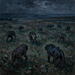 many vicious but distant creatures roaming around an open plain, seen from a high vantage point, the sheer terror in the wilderness, nocturnal dramatic apocalyptical lighting, in the style of claude monet