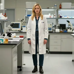 full body photo of alyson hannigan as a scientist on a a lab, very detailed face