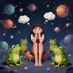 girl sitting in a small space, in a web of thoughts and intergalactic objects and thoughts, 1 0 frogs sitting around her, despaired yet hopeful, digital art, very detailed, vibrant colours
