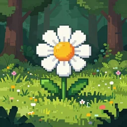 overdetailed pixel art of a big flower on a beautiful meadow in the middle of a clearing of a forest, hd, cinematic