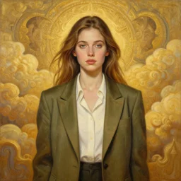 epic painting portrait photography beautiful goddess wearing olive blazer and white shirt with golden glow, drawing, intricate, symmetrical front, by amy leibowitz, wlop, jeremy lipkin, beeple, intricate, artgerm, ilya kuvshinov, golden clouds background, centered