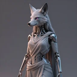 portrait of a draped werewolf priestess with delicate biomechanical components. safe for work, complementary colors, studio photography, matte painting, 3 d render, 4 k, rimlight.