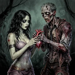 a zombie male ripping his heart out and offering it to an attractive beautiful female zombie, detailed intricate ink illustration, dark atmosphere, detailed illustration, hd, 4k, digital art, overdetailed art, concept art, by greg rutkowski, by loish, complementing colors, Trending on artstation, deviantart,