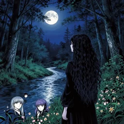 goth woman in a moonlight view, in a forest, a river, tankoban, 4 k, tone mapping, akihiko yoshida, james jean andrei riabovitchev marc simonetti, yoshitaka amano, long hair, curly, h. hydrochaeri