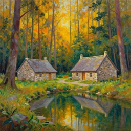 stone cottages underneath a dense tall forest, pristine ponds. hopeful environment of bodyscapes. fine painting intricate brush strokes, bright depth oil colors. 2 8 mm perspective photography by araken alcantara. intense promiseful happiness, autumn sunrise warm hdri forest light