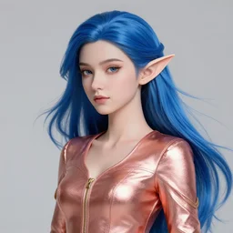 a regal elf with long blue windswept hair in a rose gold breastplate, 3 d render by mandy jurgens, artgerm, and lu ji, centered, artsation contest winner, cgsociety, fantasy art, cryengine, concept art, photorealism, daz 3 d, sketchfab, zbrush, vray