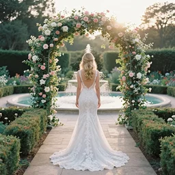 analog photograph of beautiful woman from the back, blond hair, wearing a long flowing trumpet style lace wedding dress in a stunning garden on a small stone pathway with a flower archway and a pristine water fountain, golden hour, by mark owen. rule of thirds. pastel colours. light rays. bokeh. cinematic. hq. detailed. contrast. cinestill 8 0 0 t