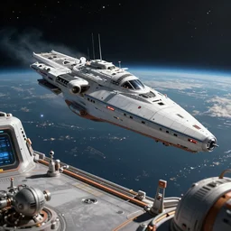 sci - fi space battleship landing in spaceport, by ismail inceoglu