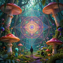 lush rainforest in wonderland dmt tripping, sacred geometry details, psychedelic mushrooms, little aliens, by jean giraud and ivan aivazovsky, coherent, psychedelic, hyper realism, high detail, vivid colors, octane render, unreal engine, 8 k, smooth gradients, high contrast, depth of field by jacek yerka