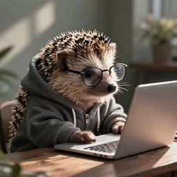 a hedgehog in glasses and a hoodie sits at a laptop