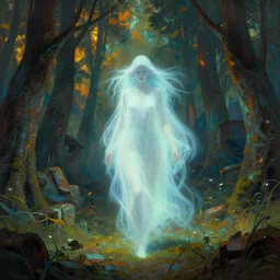 ghostly woman walking in an ancient forest, complementary colors, ruins, fantasy art, dynamic lighting, artstation, alphonse mucha, volumetric lighting