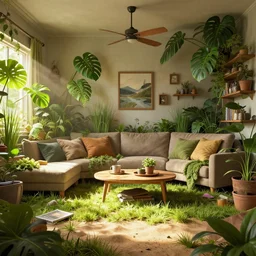 living room of a hoarder, digital fantasy art, trending on artstation, unreal engine, overgrown with monstera, grass, sand, sun rays