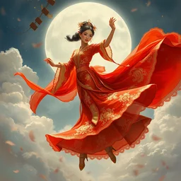 chinese princess, dance, fairy, beautiful, stunning, red and gold dress, spinning in the sky, by stanley artgerm lau, greg rutkowski, victo ngai, alphonse mucha, loish, norman rockwell