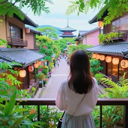 a vibrant dream of nostalgic psychedelic hallucination of a girl from behind on a balcony looking over a street in kyoto japan, lush plants and lanterns, a beautiful woman wearing a gucci dress, high fashion, by moebius, edward hopper and james gilleard, zdzislaw beksinski, james jean, steven outram hd, 8 k, artstation