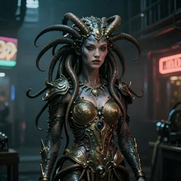 Cyberpunk medusa, dark atmosphere, cinematic shot, intricate, ornate, photorealistic, ultra detailed, realistic, 35mm, photography, neon, octane, high definition, depth of field, bokeh, 8k, artstation, ((alphonse mucha))