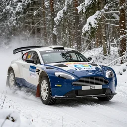 a 2 0 1 1 lola b 0 8 / 6 2 aston martin, racing through a rally stage in a snowy forest