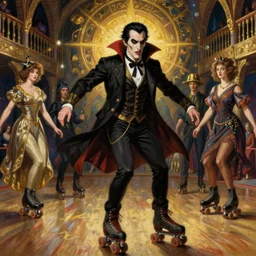 dynamic composition, a painting of dracula the vampire skating on roller skates in a medieval roller rink, a surrealist painting by h. r giger and jacek yerga and tamara de lempicka and jesse king, featured on cgsociety, pop surrealism, surrealist, dramatic lighting, wiccan, full body portrait, pre - raphaelite, ornate gilded details