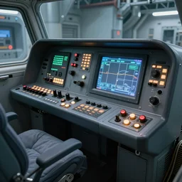 industrial spaceship cockpit with buttons and switches with a CRT display, highly detailed, 4k