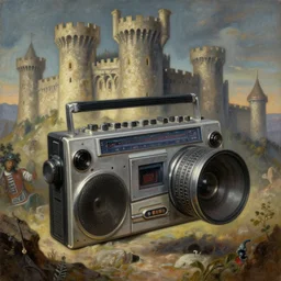 a camera evolving into a boombox in a medieval castle, painting by h. r. giger