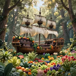 “nostalgic photograph of an abandoned pirate ship in a forest, covered in a garden of colorful fruit, vegetables, flowers and plants, dreamlike, beautiful and sunny”