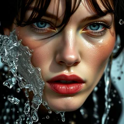 close up of face of fashion model, splashed with water, official jean - paul gaultier editorial, highly detailed