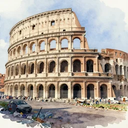 watercolor painting of rome, dilapidated, trashy ambient lighting and shadows
