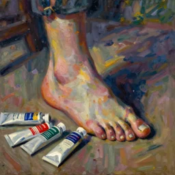 close up of a foot squishing painting tubes. painting by monet, henri de toulouse - lautrec, agnes pelton, degas