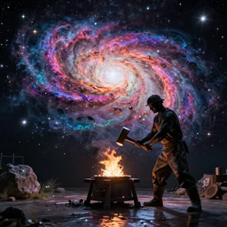 a galaxy exploding, psychedelic colors, a blacksmith swinging his hammer at his forge, realistic reflections, body building blacksmith, stars, psychedelic patterns, fractal, rippling fabric of reality, the spider that weaves the web of time, sharpen lines, 1984 poster